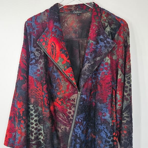 Calessa Velour Print Burnout Knit Draped Asymmetric Zip Front Cardigan - Picture 7 of 13